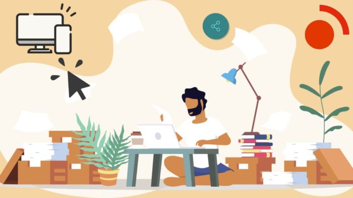 A person representing the future of remote work, surrounded by papers, books, plants, and digital icons representing hybrid workforce, technology and connectivity.