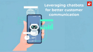 Illustration of a hand holding a smartphone displaying a chatbot, with digital graphs and text reading "Leveraging chatbots for better customer communication.