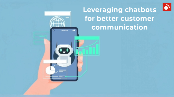 Illustration of a hand holding a smartphone displaying a chatbot, with digital graphs and text reading "Leveraging chatbots for better customer communication.