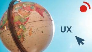 a globe on a sky background representing internationalisation next to a mouse arrow, referring to the web and UX