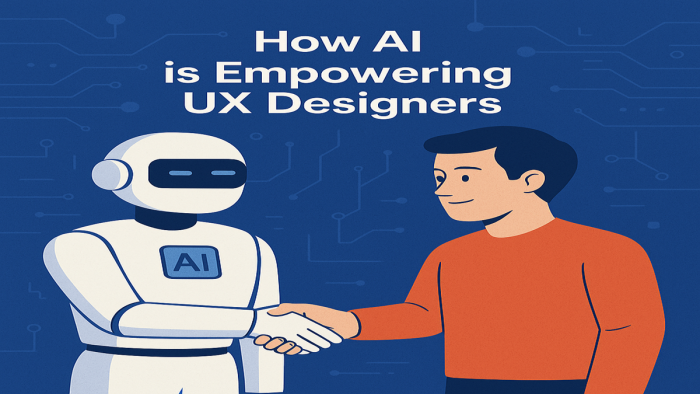 UX designer using AI-powered tools on a laptop to generate wireframes and analyze user data. Text overlay: “How AI is Empowering UX Designers—Not Replacing Them.”