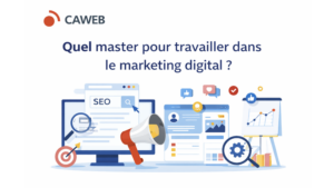 Illustration montrant un étudiant se formant au marketing digital, avec des éléments SEO, réseaux sociaux, web design et stratégie digitale, symbolisant une formation comme le Master CAWEB.