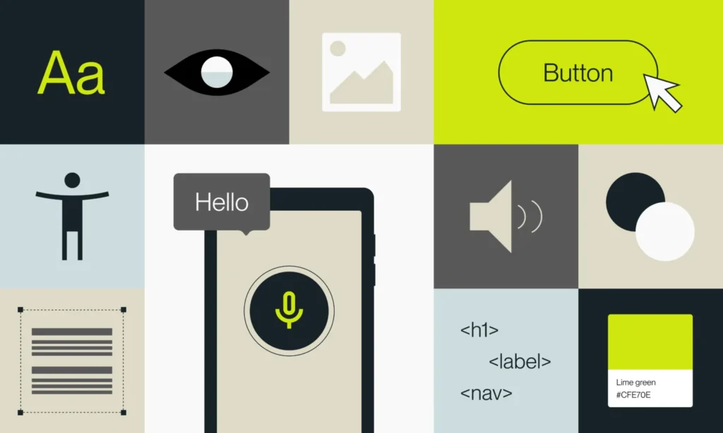 A flat-design graphic collage featuring various digital accessibility symbols, including a large 'Aa' for text size, an eye icon for vision, a voice command microphone on a smartphone, and a speaker icon for audio.