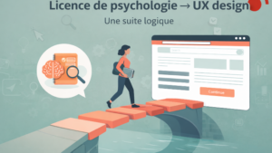 Illustration montrant une réorientation après une licence de psychologie vers l’UX design, avec une étudiante traversant un pont entre la psychologie et une interface web UX, symbolisant une transition professionnelle logique vers le digital.